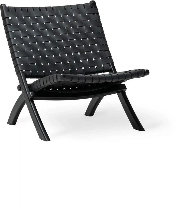 Oliver lounge stoel - zwart - runderhuid leer – teak, Huis en Inrichting, Fauteuils, Zo goed als nieuw, Leer, Ophalen