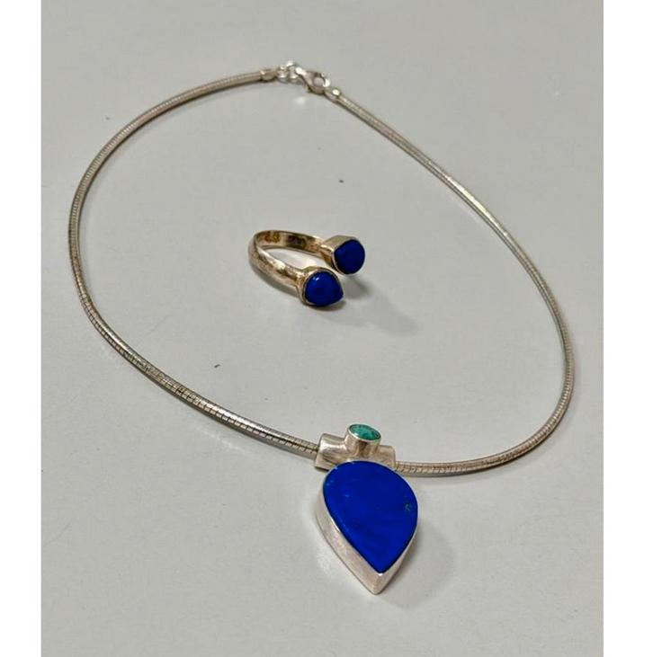 Vintage 925 zilveren zilver set Lapis Lazuli ketting + ring, Handtassen en Accessoires, Antieke sieraden, Ketting, Zilver, Met edelsteen