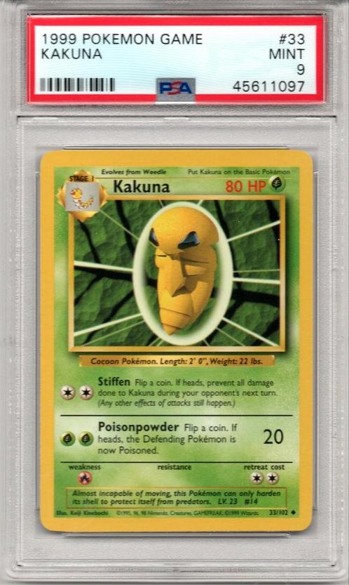 Kakuna Psa 9 Base set unlimited, Hobby en Vrije tijd, Verzamelkaartspellen | Pokémon, Zo goed als nieuw, Ophalen of Verzenden