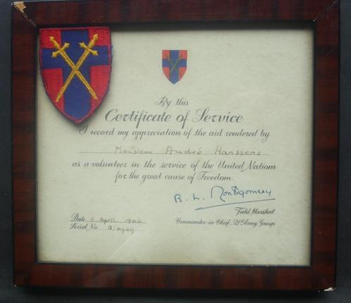 Certificat service 21st Army Group attribué à un Belge 1946, Collections, Objets militaires | Seconde Guerre mondiale, Armée de terre