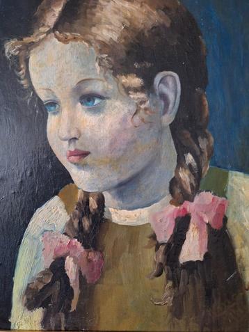 Schilderij C Maerschalk Meisje met vlechten en roze strikjes beschikbaar voor biedingen