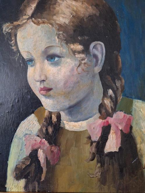 Schilderij C Maerschalk Meisje met vlechten en roze strikjes, Antiek en Kunst, Kunst | Schilderijen | Klassiek, Ophalen of Verzenden