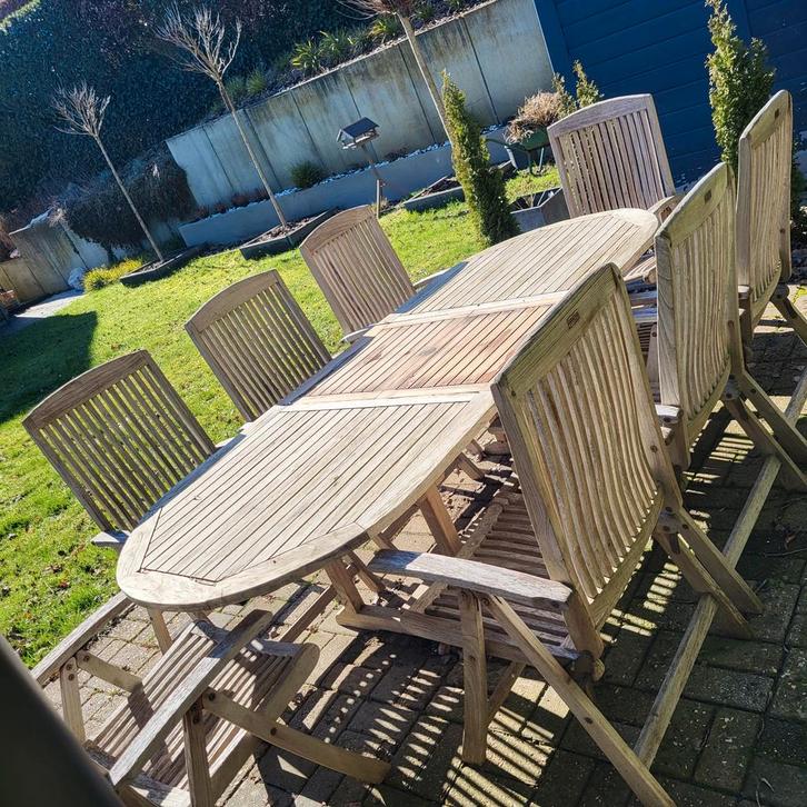 Grote tuinset in teak 8 personen, Tuin en Terras, Tuinsets en Loungesets, Gebruikt, Tuinset, Teakhout, 8 zitplaatsen, Eettafel
