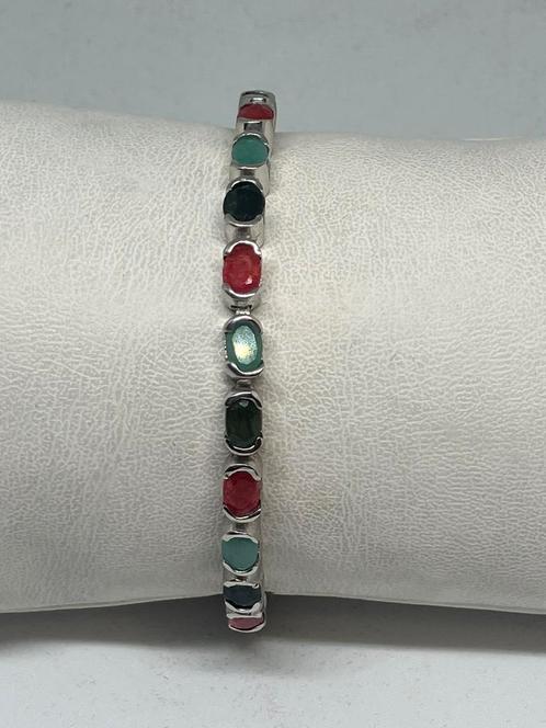 Zilveren Armband met Smaragd, Robijn en Saffier, Handtassen en Accessoires, Armbanden, Nieuw, Zilver, Rood, Met edelsteen, Ophalen of Verzenden