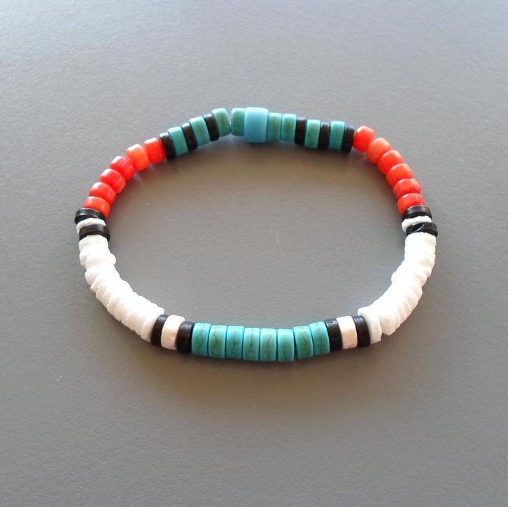 Indiaanse armband voor man of vrouw met turkoois en koraal, Handtassen en Accessoires, Armbanden, Nieuw, Elastiek, Oranje, Met bedels of kralen