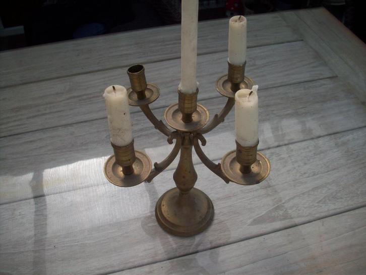 geel koper kandelaar met 5 armen., Antiek en Kunst, Antiek | Brons en Koper, Koper, Ophalen of Verzenden