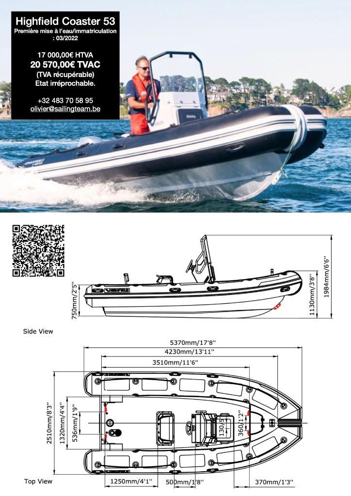 Semi-rigide Highfield 5.3m alu + Honda BF50D + rem. route, Watersport en Boten, Rubberboten, Zo goed als nieuw, Overige merken