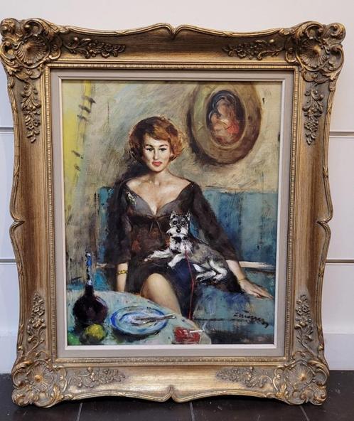 Victor QUIÉNEN, met de hond op de schoot, Antiek en Kunst, Kunst | Schilderijen | Klassiek, Ophalen of Verzenden