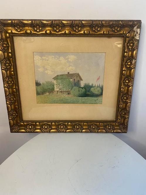 Aquarelhuis met vlag, Antiek en Kunst, Kunst | Schilderijen | Klassiek, Ophalen of Verzenden