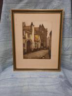 oud gravure ets in kleur achter glas, begin 1900, Antiek en Kunst, Kunst | Etsen en Gravures, Ophalen of Verzenden