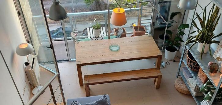 Mooie houten werk/eettafel met zitbanken, Huis en Inrichting, Tafels | Eettafels, Gebruikt, 50 tot 100 cm, 200 cm of meer, Vijf personen of meer