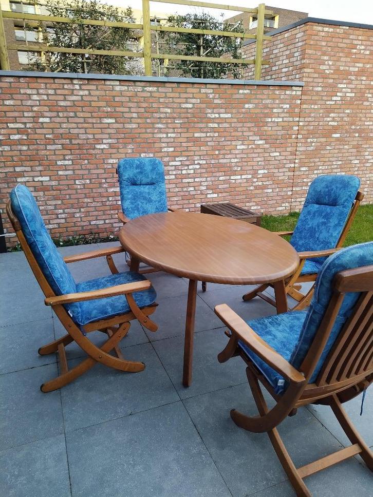 Houten tuintafel met zes stoelen, Tuin en Terras, Tuintafels, Gebruikt, Ovaal, Hout, Ophalen