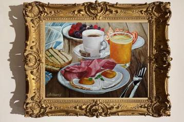 « Petit déjeuner avec œufs, jambon et café » Peinture origin disponible aux enchères