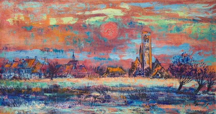 Expressionistisch dorpsgezicht–Schilderij op doek Gesigneerd, Antiek en Kunst, Kunst | Schilderijen | Modern, Ophalen of Verzenden