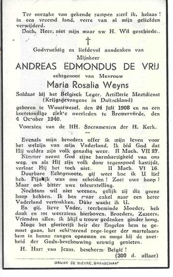 RP A E De Vrij krijgsgevangene ABL gestorven 04/10/1940 beschikbaar voor biedingen
