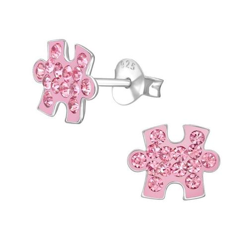 Zilveren kinderoorbellen puzzelstukje kristal - Roze, Handtassen en Accessoires, Kindersieraden, Nieuw, Oorbellen, Ophalen of Verzenden