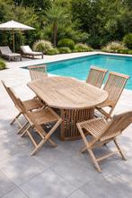 Tafel met 6 opvouwbare stoelen en speciale poten, Tuin en Terras, Ophalen, Gebruikt, 6 zitplaatsen, Teakhout