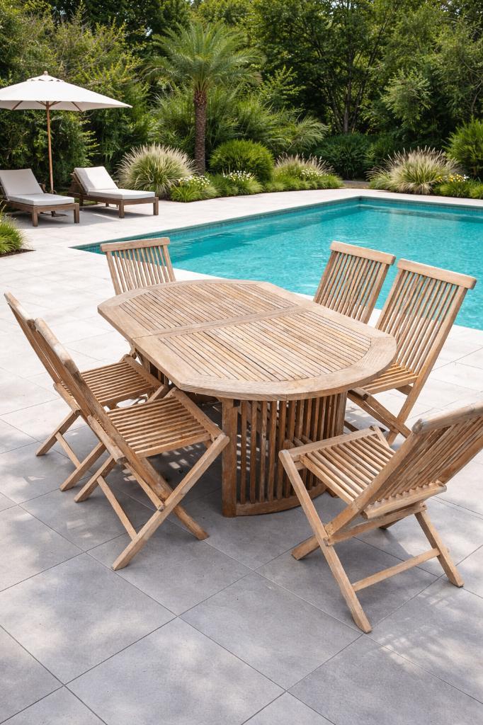 Tafel met 6 opvouwbare stoelen en speciale poten, Tuin en Terras, Tuinsets en Loungesets, Gebruikt, Loungeset, Teakhout, 6 zitplaatsen