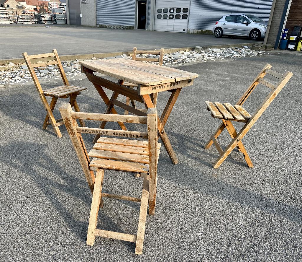 Vintage houten festivalsets - tuintafel + inklapbare stoelen, Ophalen, 4 zitplaatsen, Gebruikt, Tuinset