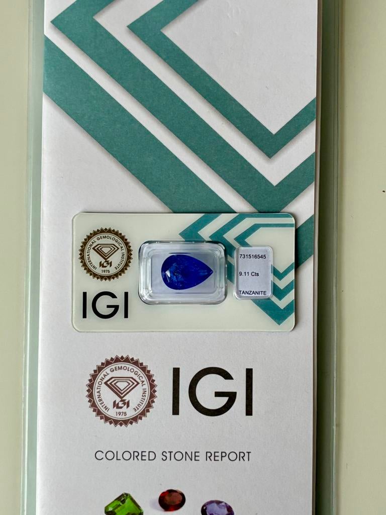 Tanzanite naturelle 9,11 carat certifiée IGI taille poire, Enlèvement ou Envoi, Neuf