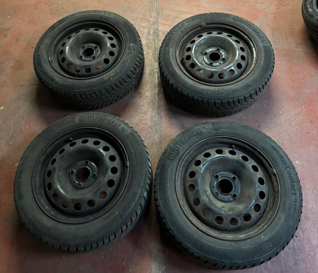 4 roues hiver 15” Continental jantes tôle + pneus 185/60 R15, Enlèvement, Comme neuf