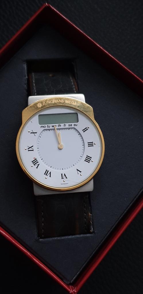 Junghans mega 1 made in Germany, Overige merken, Leer, Staal, Verzenden