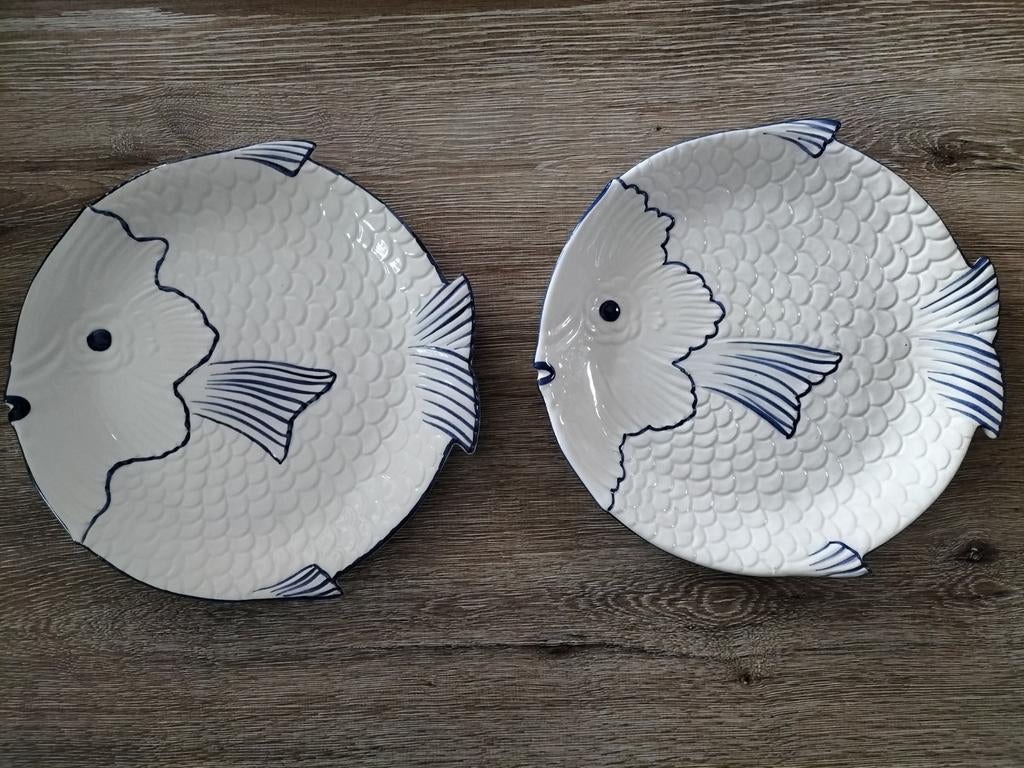 Assiettes à poisson vintage en céramique peintes à la main, Antiquités & Art, Enlèvement ou Envoi