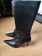 Zwarte lederen laarzen met hak. Maat 38, Kleding | Dames, Ophalen, Zo goed als nieuw