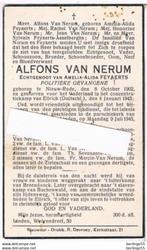 Oorlog. Van Nerum Alfons.° Nieuw-Rode 1902 † Ellrich (D)1945, Verzamelen, Bidprentjes en Rouwkaarten, Bidprentje, Ophalen of Verzenden