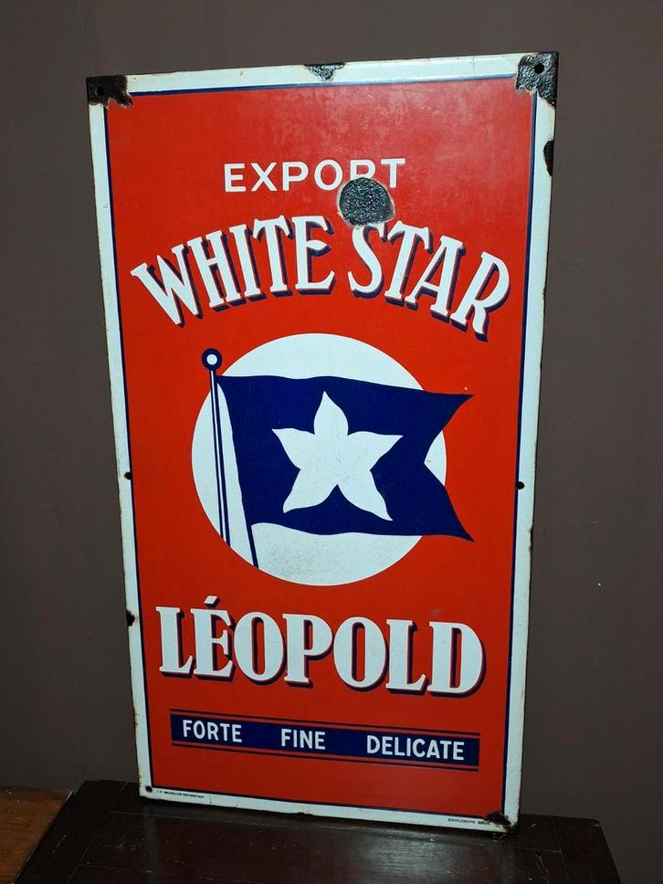 Emaille bord 1936 bier Export White Star Leopold Brussel, Verzamelen, Merken en Reclamevoorwerpen, Gebruikt, Reclamebord, Ophalen of Verzenden