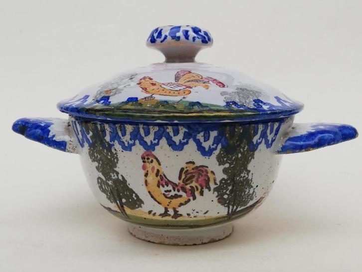 Mooie kom & deksel - keramiek - decor met hanen - Charolles, Antiek en Kunst, Curiosa en Brocante, Ophalen of Verzenden