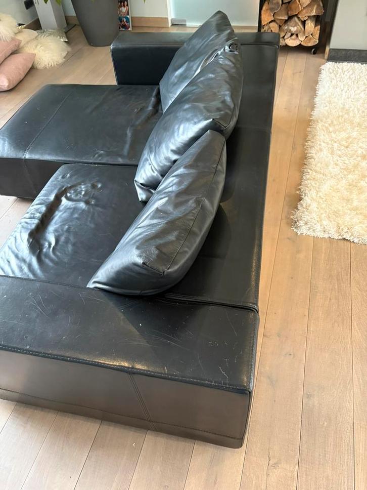 Zwart lederen 2 x 2/3 zit met loungehoek, Huis en Inrichting, Zetels | Complete zithoeken, Gebruikt, Leer, Ophalen