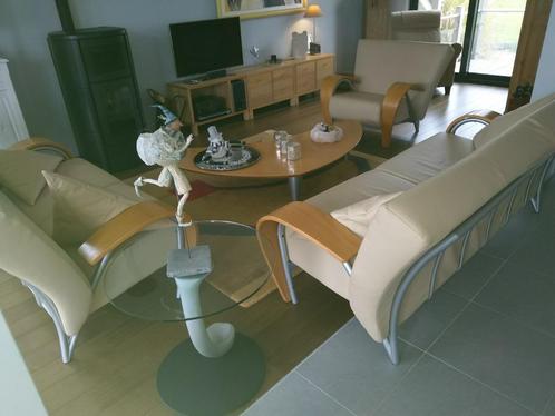 Salon design 4 delig, Huis en Inrichting, Zetels | Zetels en Chaises Longues, Zo goed als nieuw, Vierpersoons of meer, Hout, Leer