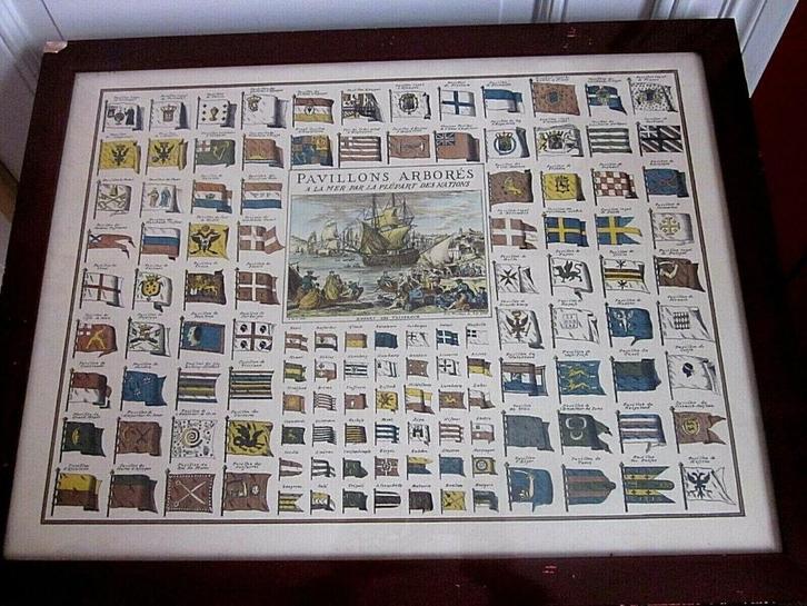 ZELDZAAM!! TAFEL MET ZEEPAVILJOENS 18e-eeuwse zeegravure, Verzamelen, Scheepvaart, Ophalen of Verzenden