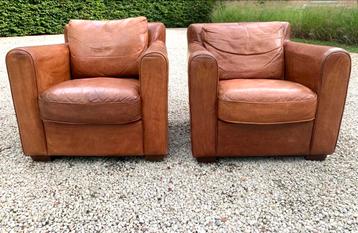 2 top leren cognac clubfauteuils met losse kussens! beschikbaar voor biedingen