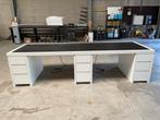Eiken met leren werkblad bureau, 300x100x77 cm, Ophalen