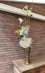 Bloemstuk in koperen antieke vaas met vele bloemen - 1 m 20, Ophalen of Verzenden