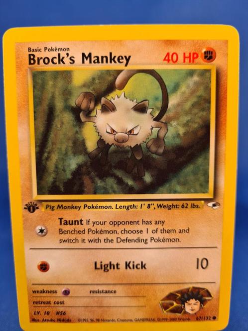 Brock's Mankey 67/132 - Gym Heroes (1st edition), Hobby en Vrije tijd, Verzamelkaartspellen | Pokémon, Gebruikt, Verzenden