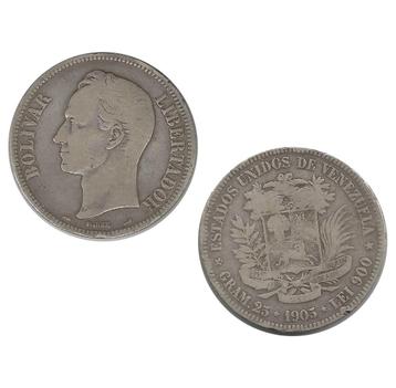Venezuela 5 Bolívares 1905 – Zilveren Munt beschikbaar voor biedingen