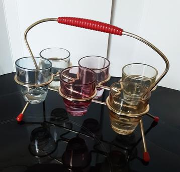 vintage borrelglaasjes, 50’s,gekleurd, in originele houder beschikbaar voor biedingen