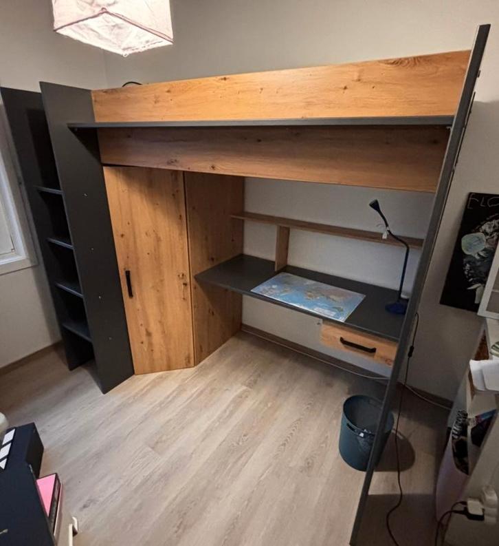 Lit mezzanine avec bureau, armoire, matelas, éclairage IKEA, Huis en Inrichting, Slaapkamer | Bedden, Gebruikt, Eenpersoons, 90 cm