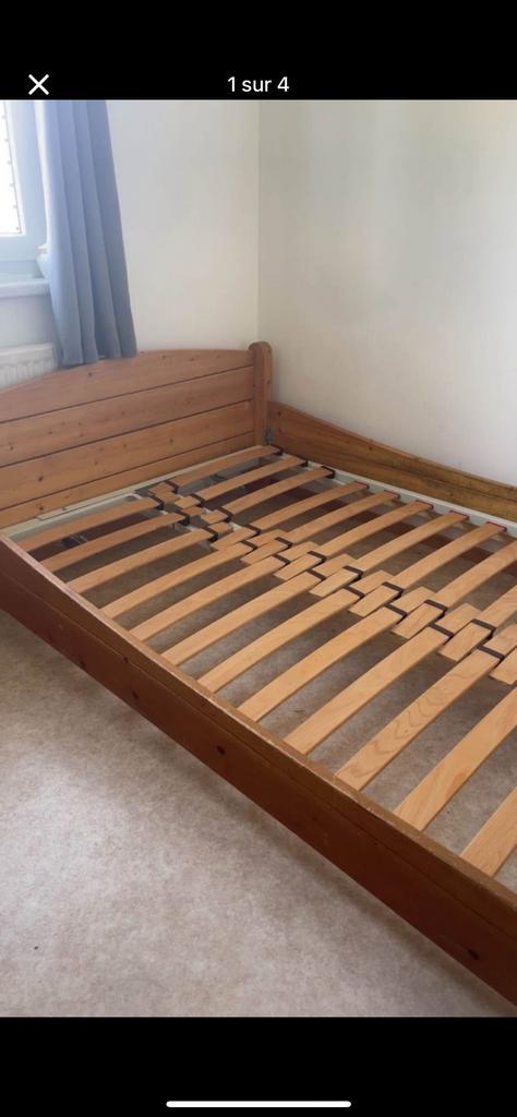 Lit 140cm+ Sommier, Huis en Inrichting, Slaapkamer | Bedden, Zo goed als nieuw, Tweepersoons, 140 cm, 200 cm, Hout, Bruin, Ophalen