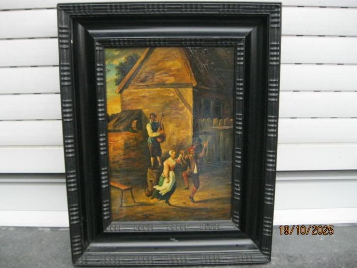 Schilderij olie/paneel naar Teniers Danspaar op het plein., Antiek en Kunst, Kunst | Schilderijen | Klassiek, Ophalen of Verzenden
