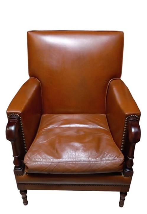 Cognac kleurige lederen armzetel in mahoniehout., Antiek en Kunst, Antiek | Meubels | Stoelen en Sofa's, Ophalen