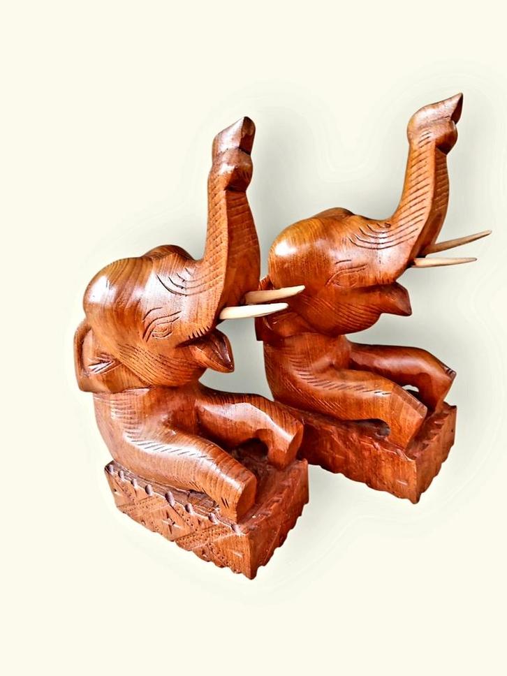 Teakhouten boekensteunen „olifant”., Verzamelen, Beelden en Beeldjes, Ophalen of Verzenden
