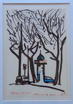 ONLEESBAAR / BOMEN IN DE STAD / ORIGINEEL / 50x40cm / KADER, Ophalen of Verzenden