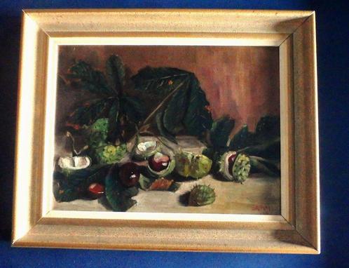 Nature morte d'automne aux châtaignes 1943 - signée L.A. Mol, Antiquités & Art, Art | Peinture | Classique, Enlèvement ou Envoi