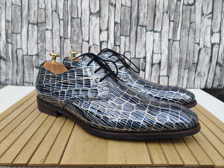 Floris van Bommel blauw/grijs heren lakschoenen - Mt 42,5, Kleding | Heren, Schoenen, Zo goed als nieuw, Veterschoenen, Blauw