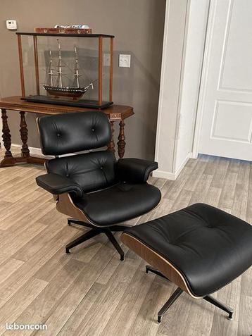 Fauteuil avec Ottoman Eames 100% Cuir Noir ANLINE, Huis en Inrichting, Verzenden, 150 tot 200 cm, Zo goed als nieuw, Hout