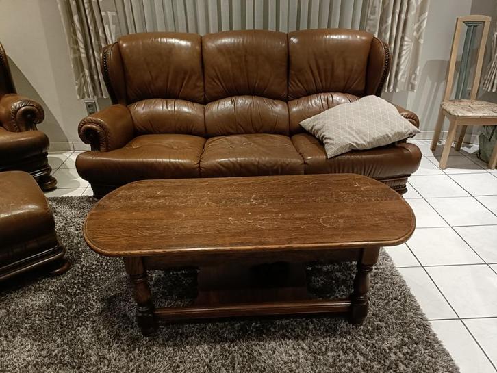 Salon leder, 3+2+1 zit + poef, moet dringend weg 190€, Huis en Inrichting, Zetels | Complete zithoeken, Gebruikt, Hout, Leer, Ophalen